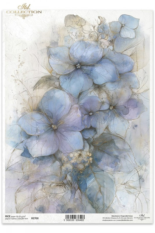 Decoupage Rice Paper - Blue HydrangeasA4