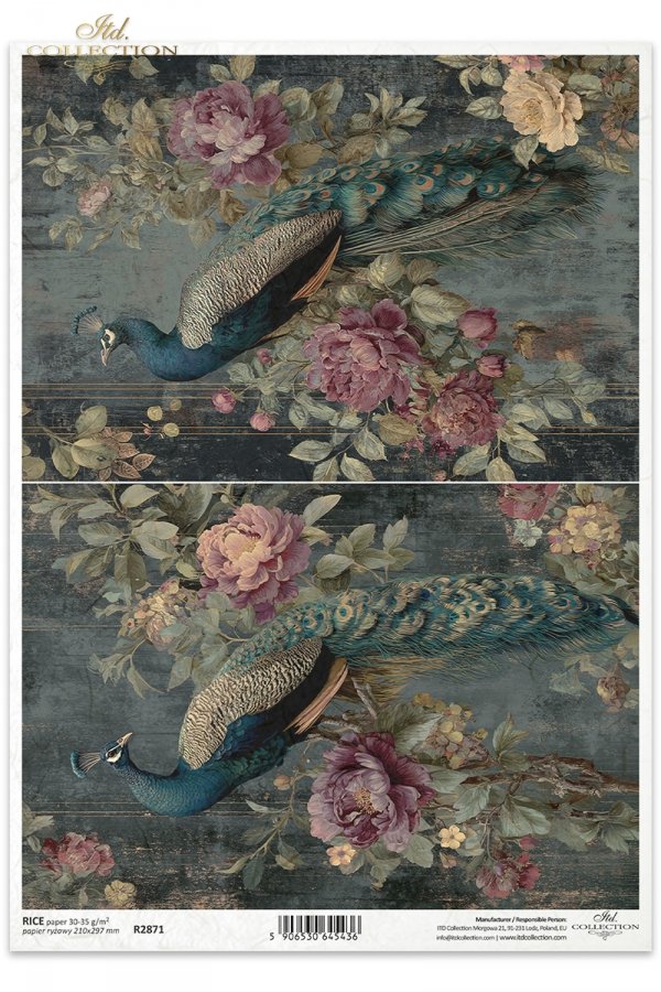 Decoupage Rice Paper - Botanical Boudoir, PeacockA4
