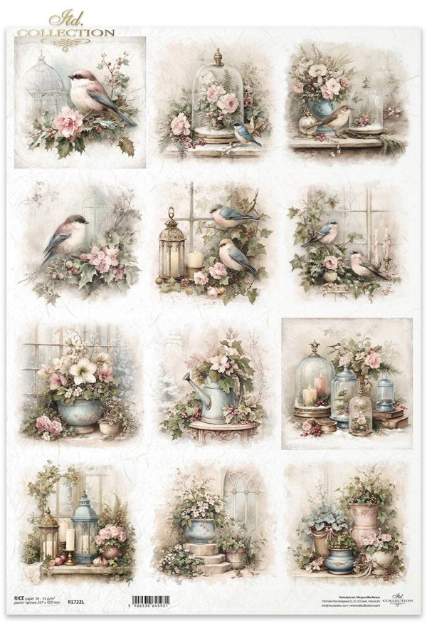 Decoupage Rice Paper - Christmas Garden BirdsA3