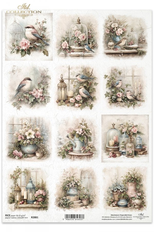 Decoupage Rice Paper - Christmas Garden BirdsA4