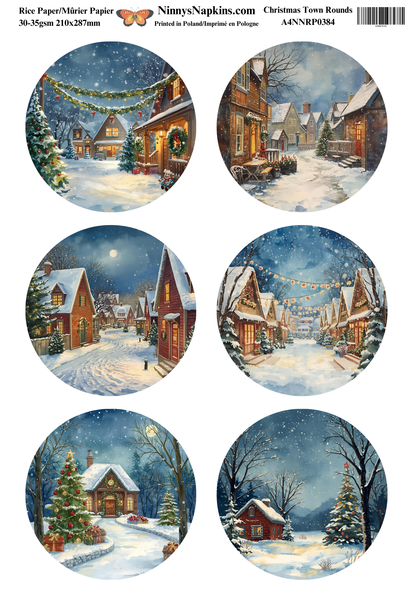 Decoupage Rice Paper - Christmas Town Rounds
