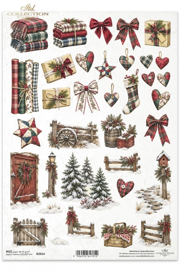 Decoupage Rice Paper - Country Christmas, Plaid DecorA4