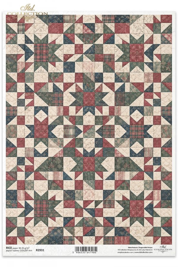 Decoupage Rice Paper - Country Christmas, Quilt PatternA4