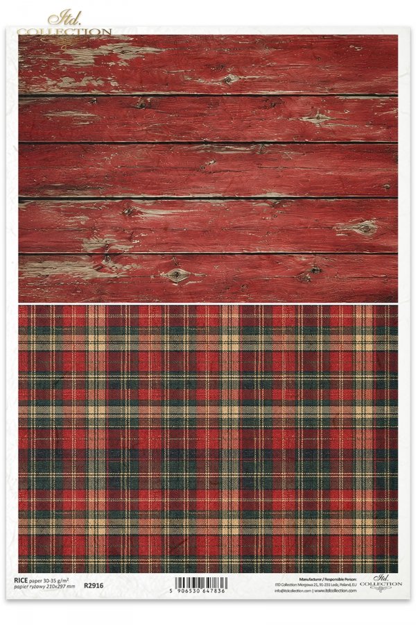 Decoupage Rice Paper - Country Christmas, Tartan and Barn BoardA4