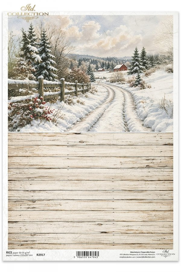 Decoupage Rice Paper - Country Christmas, Winter LandscapeA4