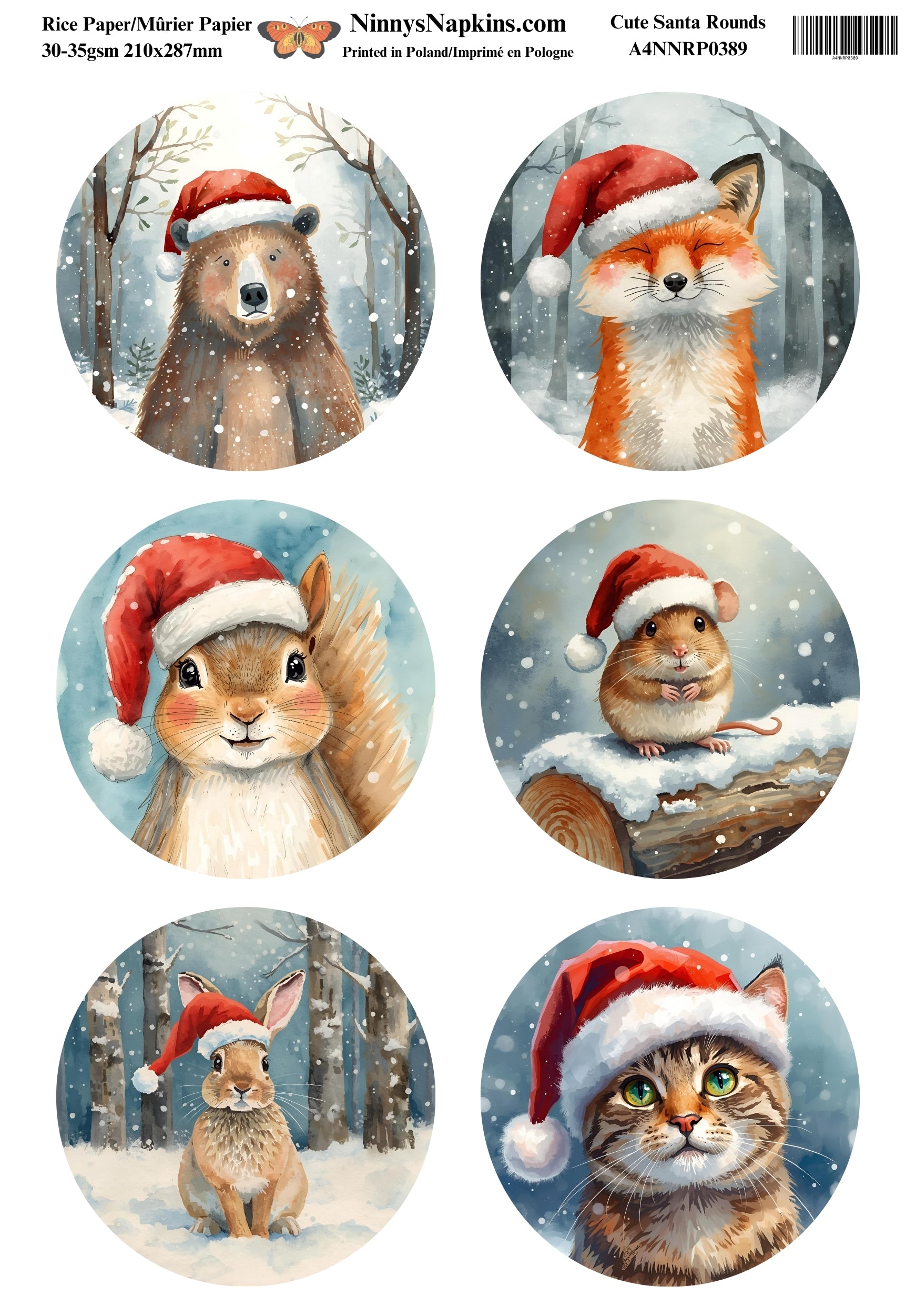 Decoupage Rice Paper - Cute Santa Rounds