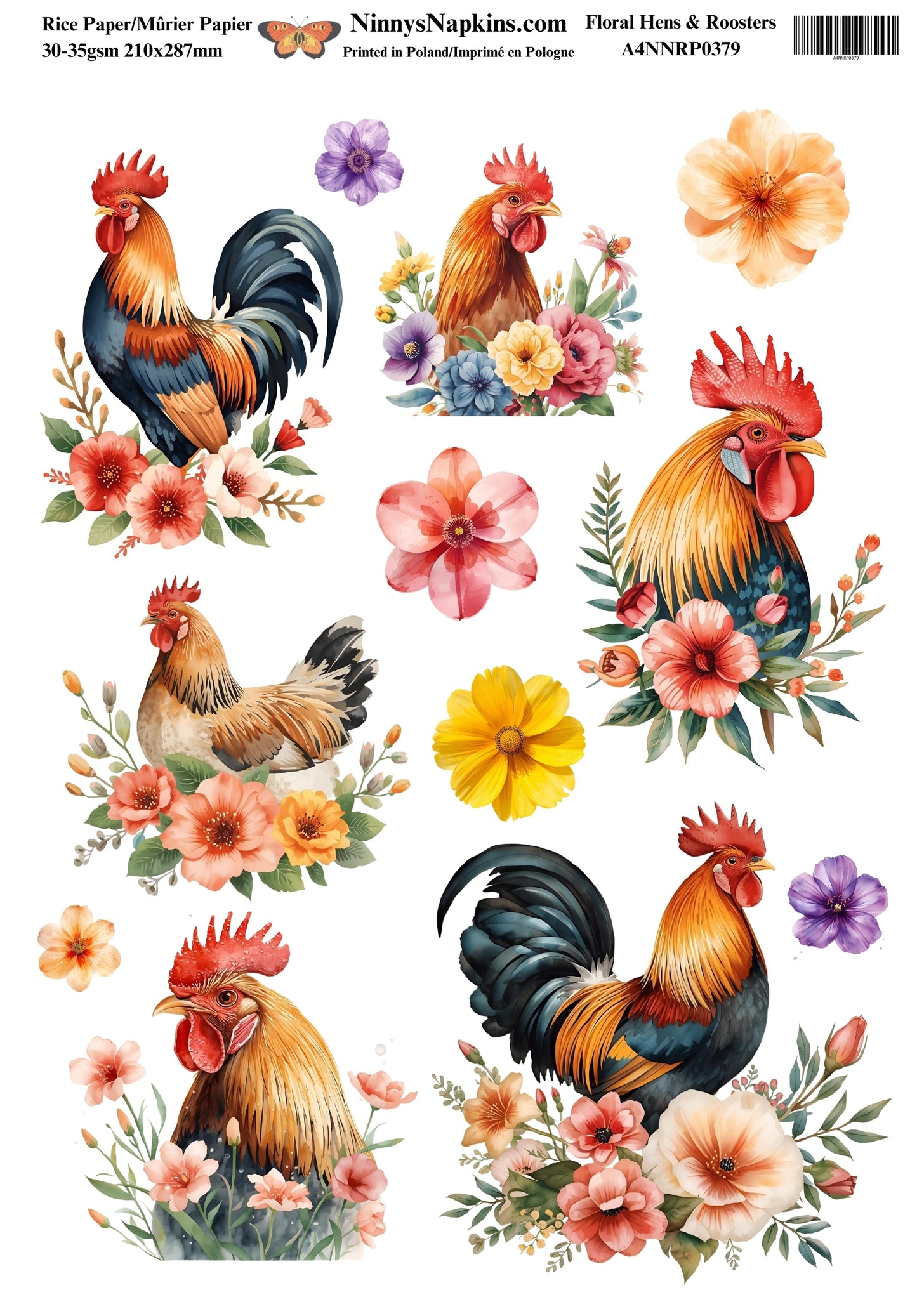Decoupage Rice Paper - Floral Hens and Roosters (Pre-Order)