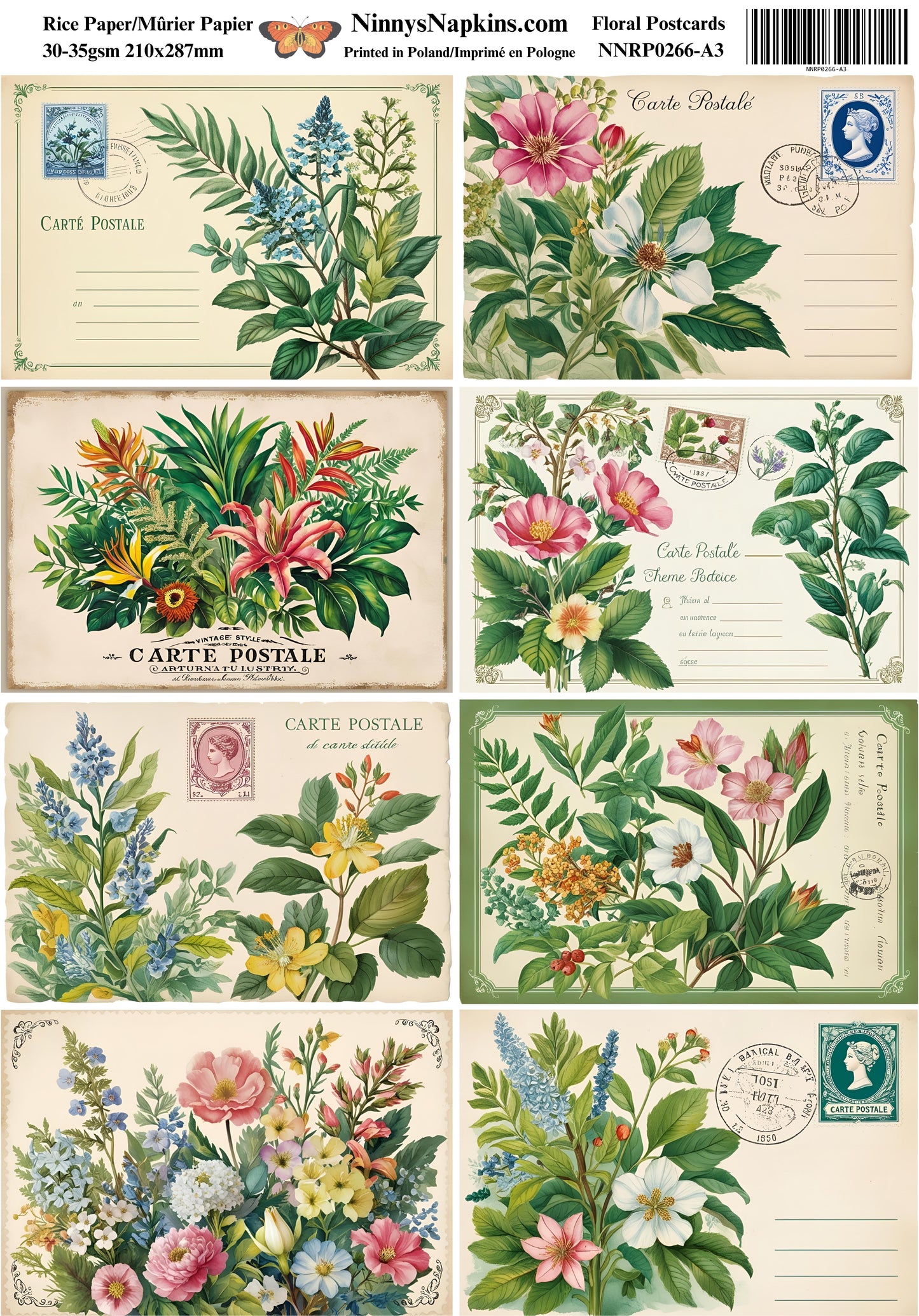 Decoupage Rice Paper - Floral Postcards
