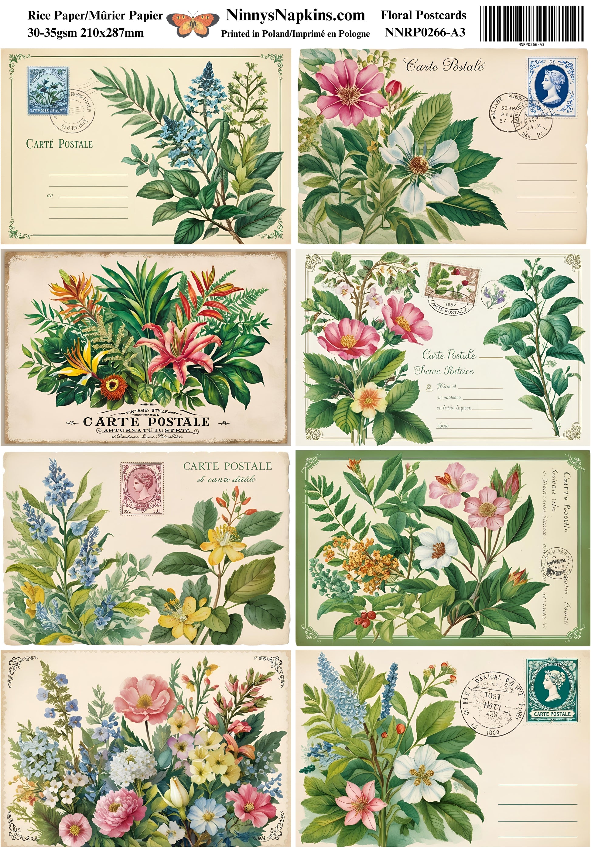 Decoupage Rice Paper - Floral Postcards