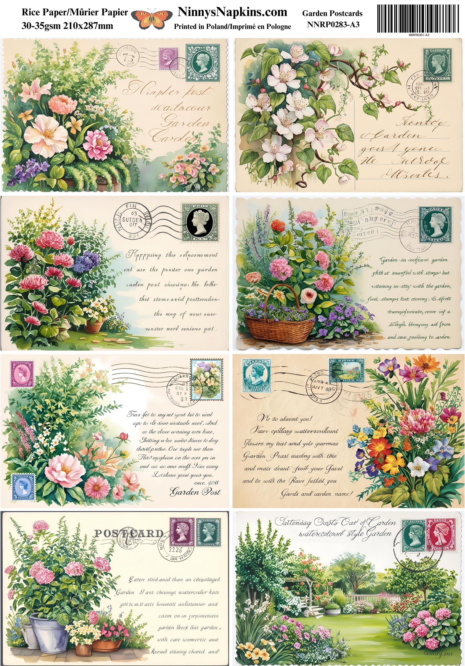 Decoupage Rice Paper - Garden Postcards