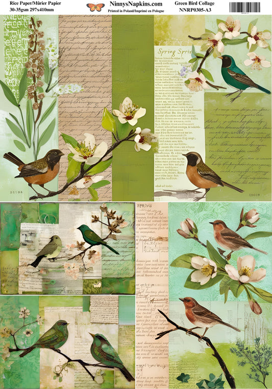 Decoupage Rice Paper - Green Bird Collage