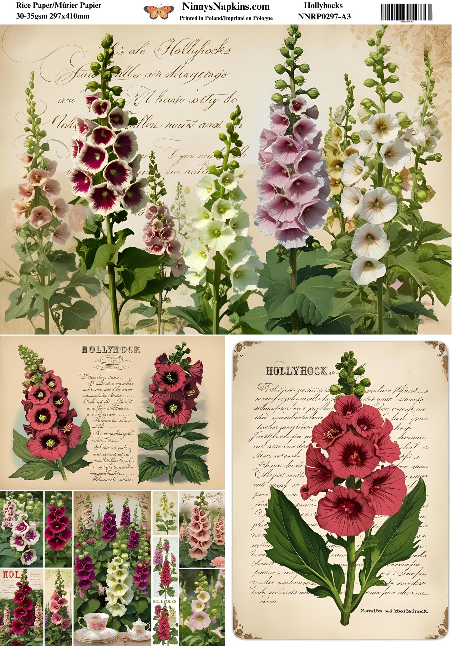 Decoupage Rice Paper - Hollyhocks