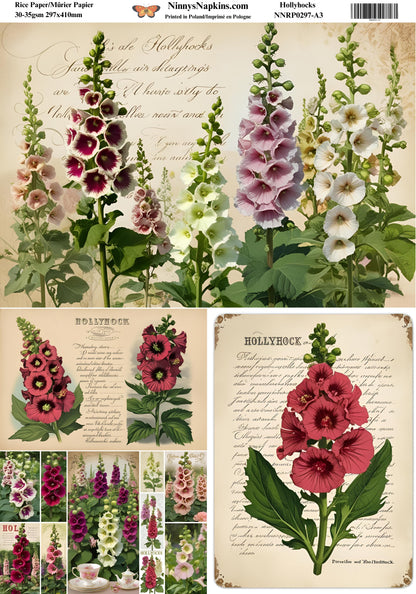 Decoupage Rice Paper - Hollyhocks