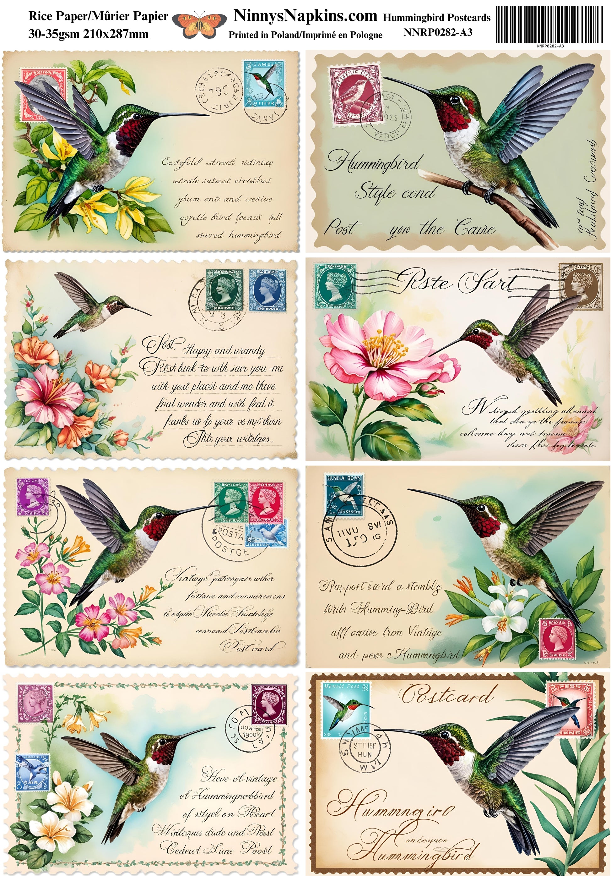 Decoupage Rice Paper - Hummingbird Postcards