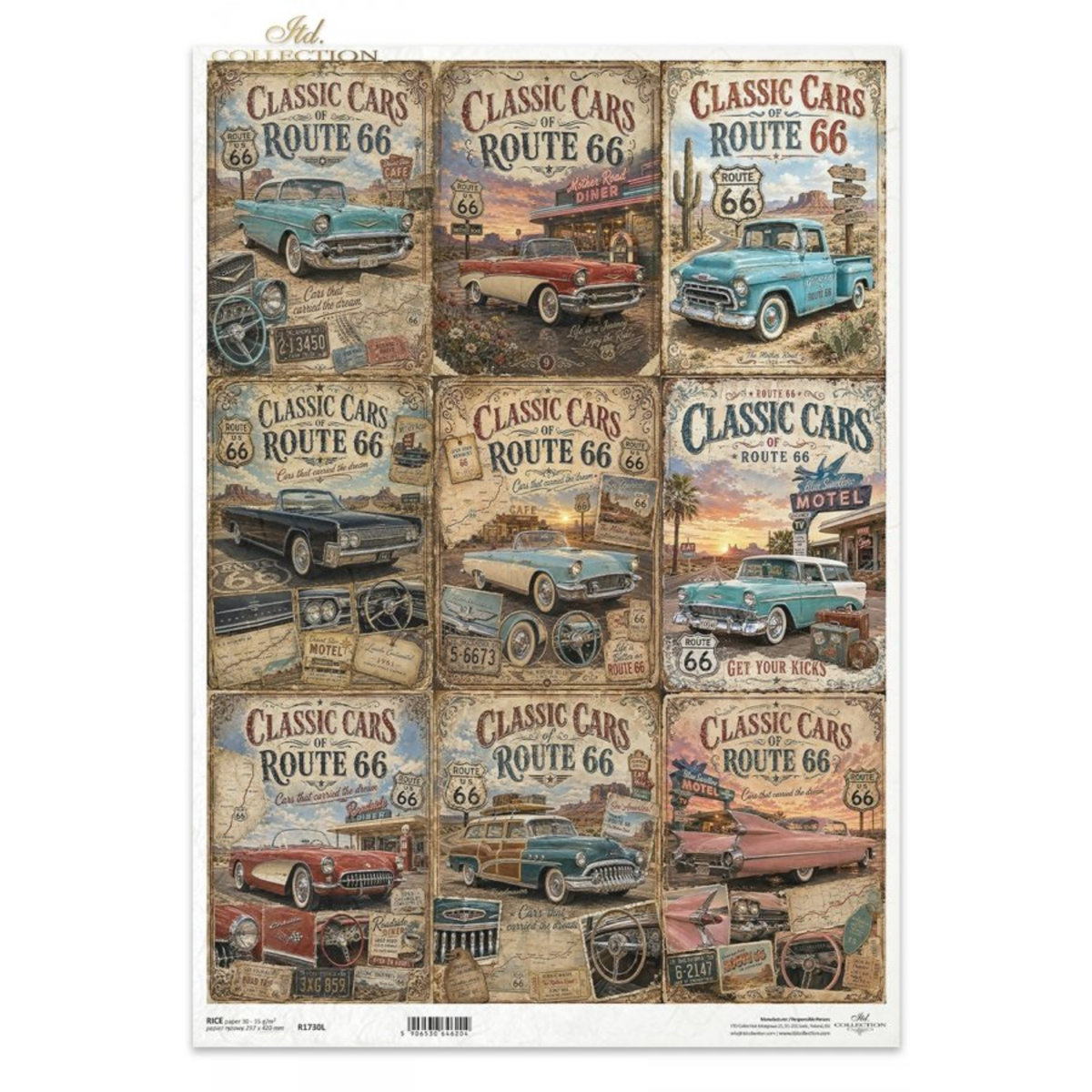 Decoupage Rice Paper - Legendary Route 66, Classic CarsA3