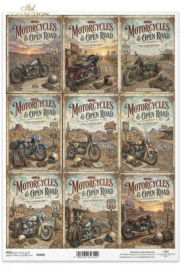 Decoupage Rice Paper - Legendary Route 66, MotorcyclesA4