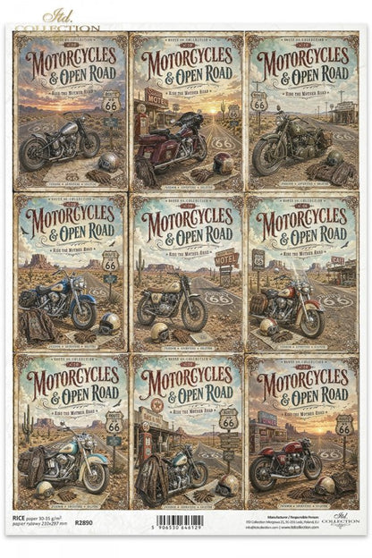 Decoupage Rice Paper - Legendary Route 66, MotorcyclesA4