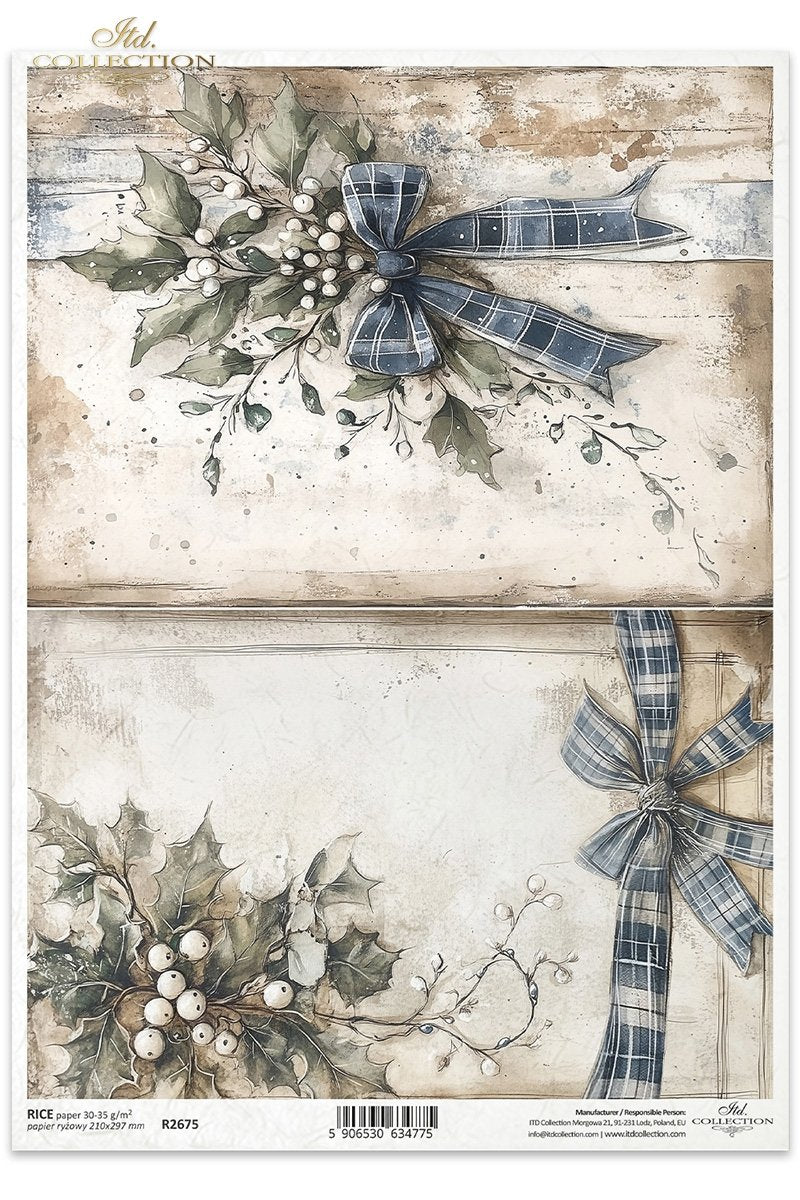 Decoupage Rice Paper - Mistletoe and Blue Bow