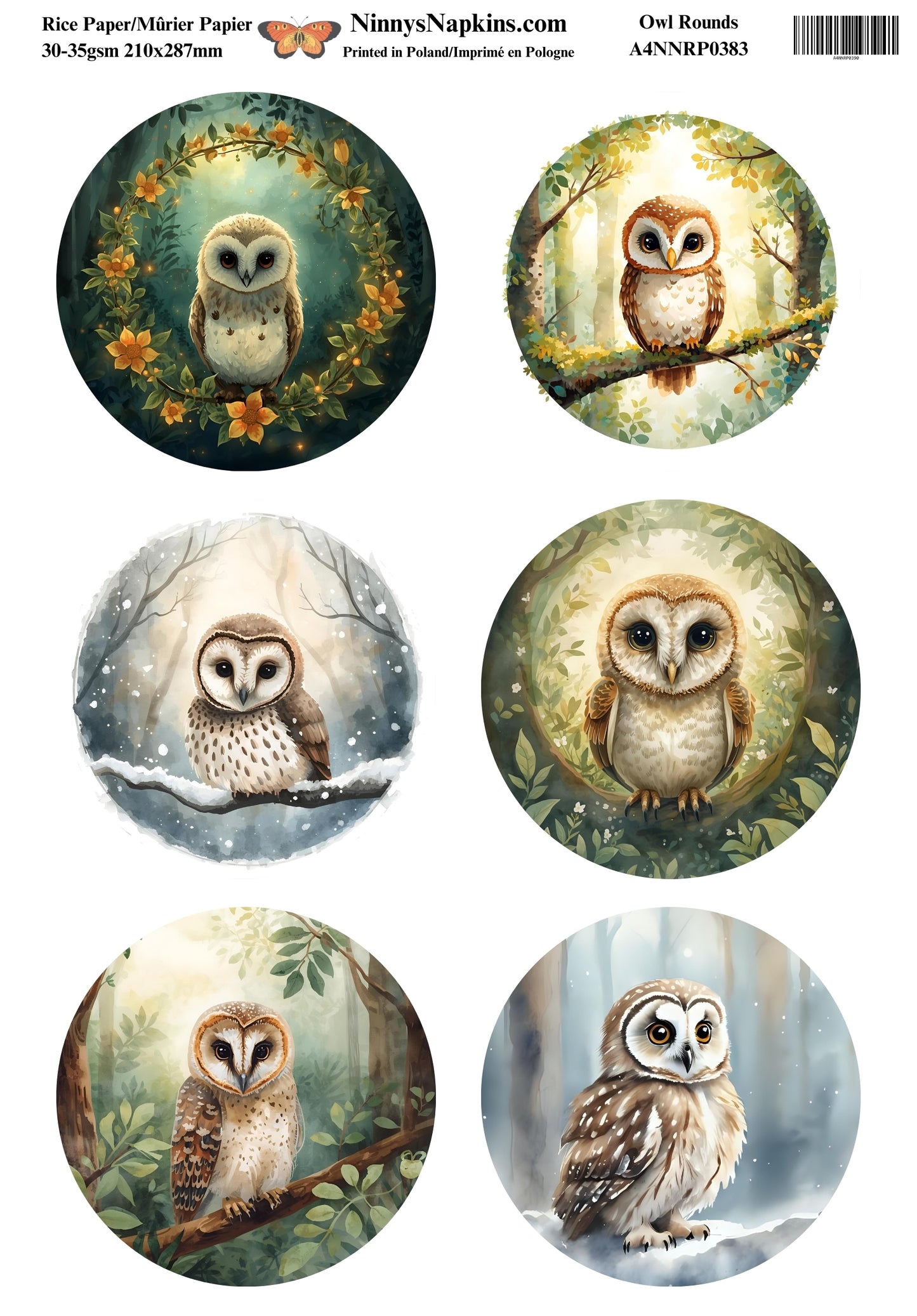 Decoupage Rice Paper - Owl Rounds