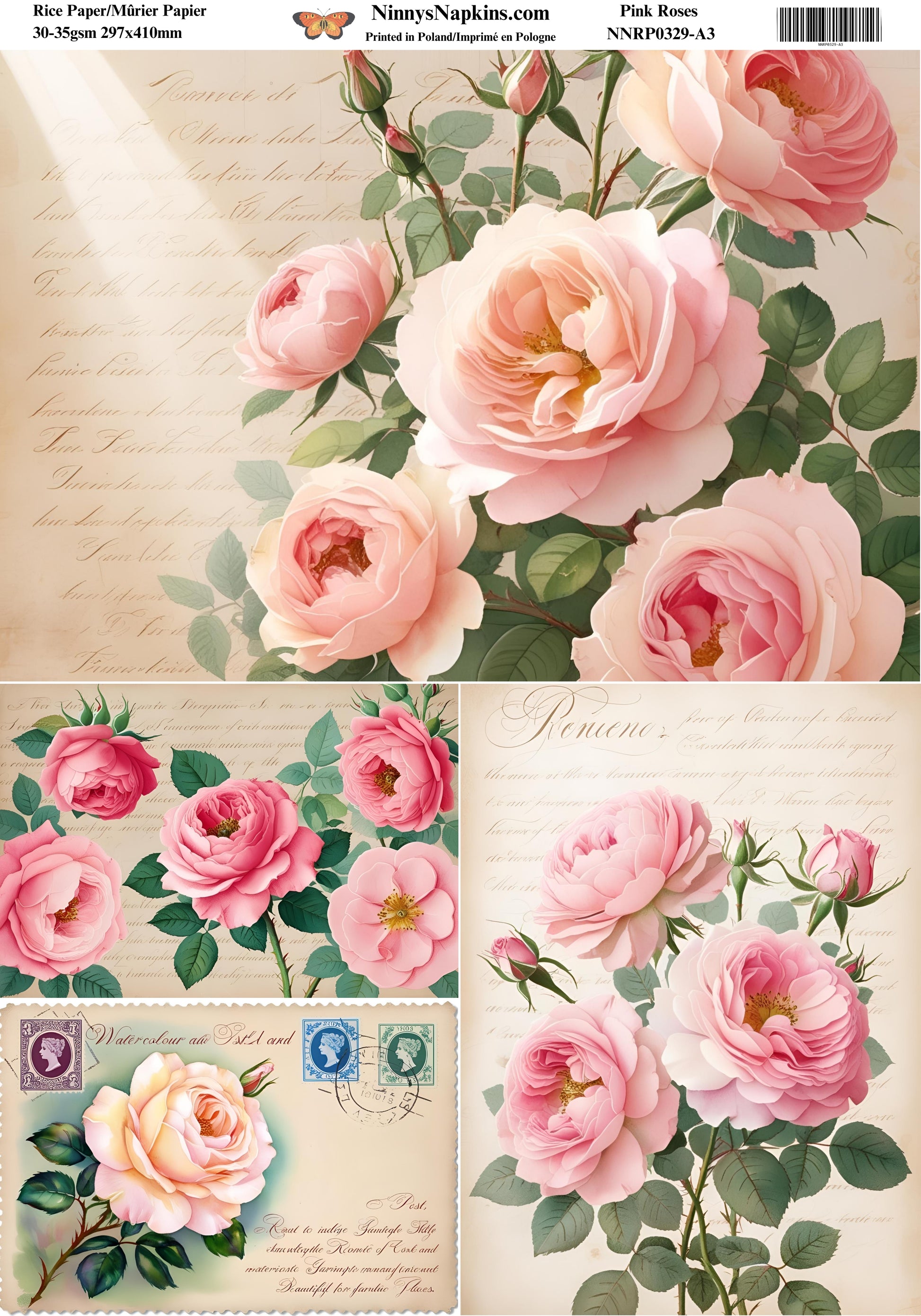 Decoupage Rice Paper - Pink Roses