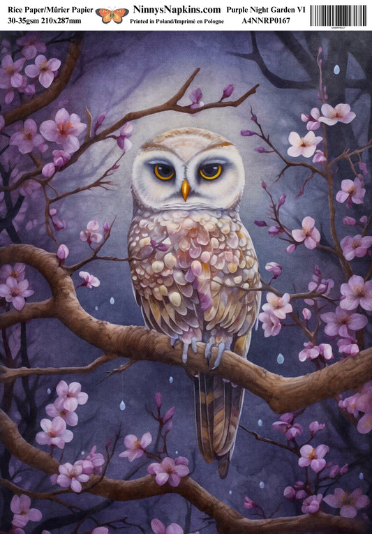 Decoupage Rice Paper - Purple Night Garden VI Owl