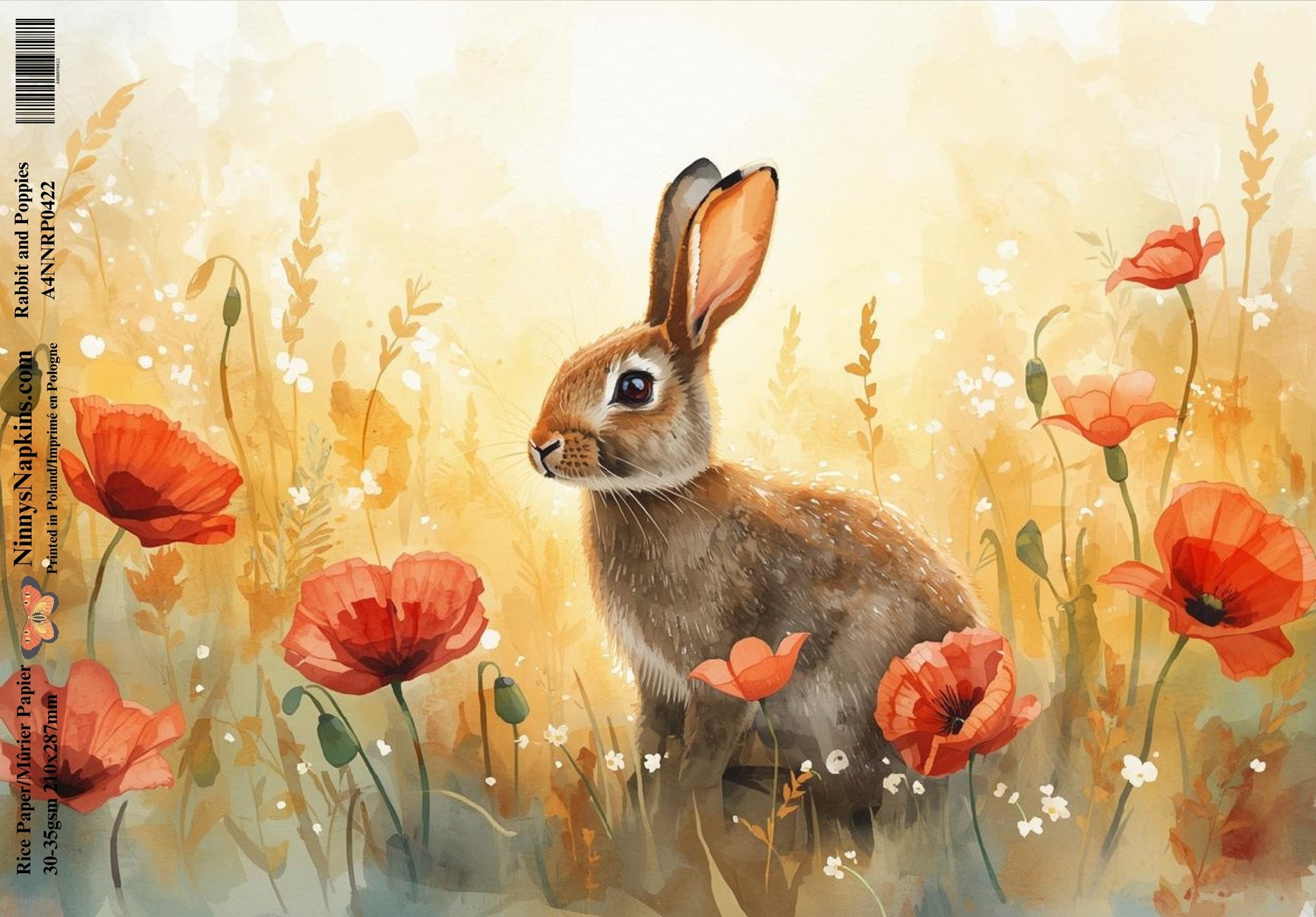 Decoupage Rice Paper - Rabbit and Poppies