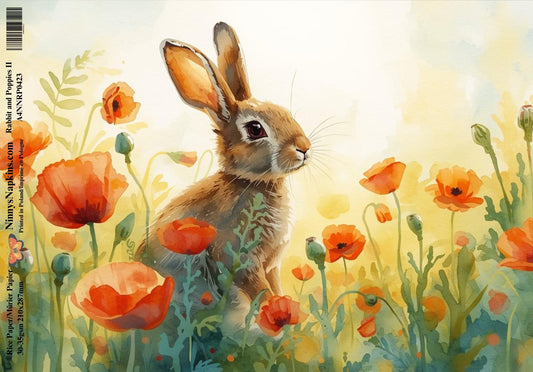 Decoupage Rice Paper - Rabbit and Poppies II