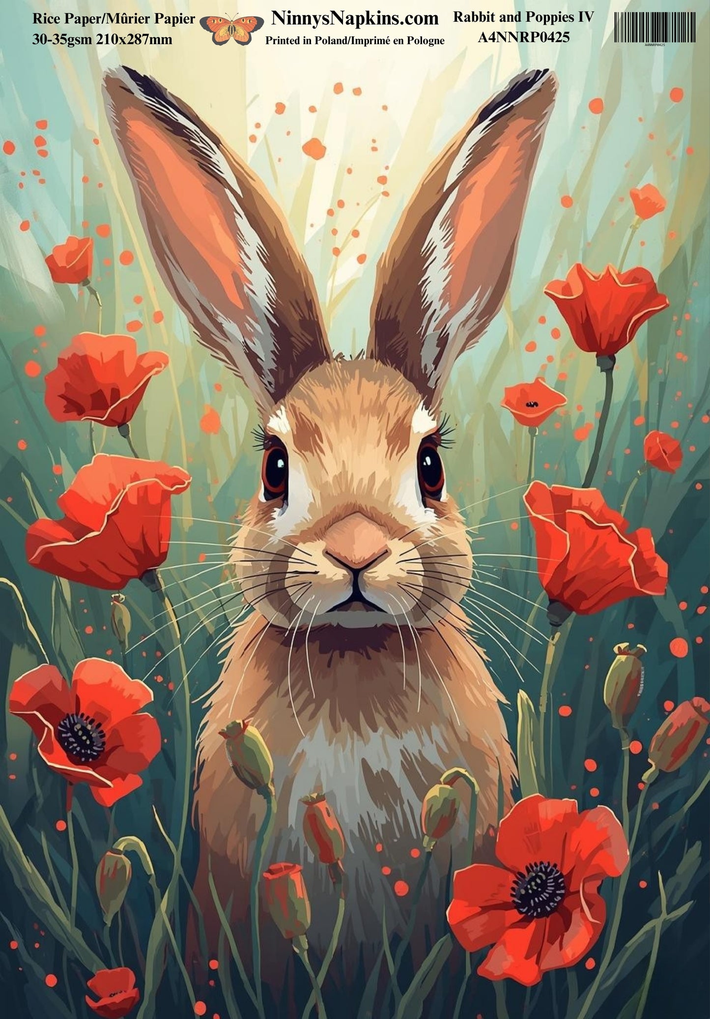 Decoupage Rice Paper - Rabbit and Poppies IV
