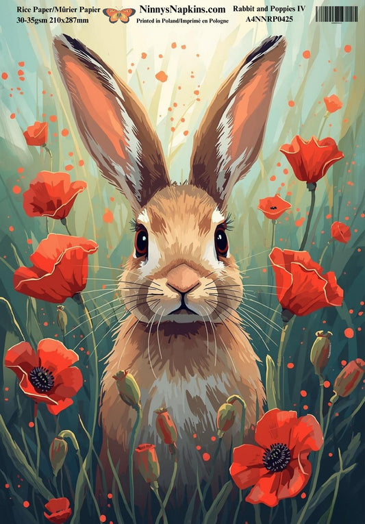 Decoupage Rice Paper - Rabbit and Poppies IV