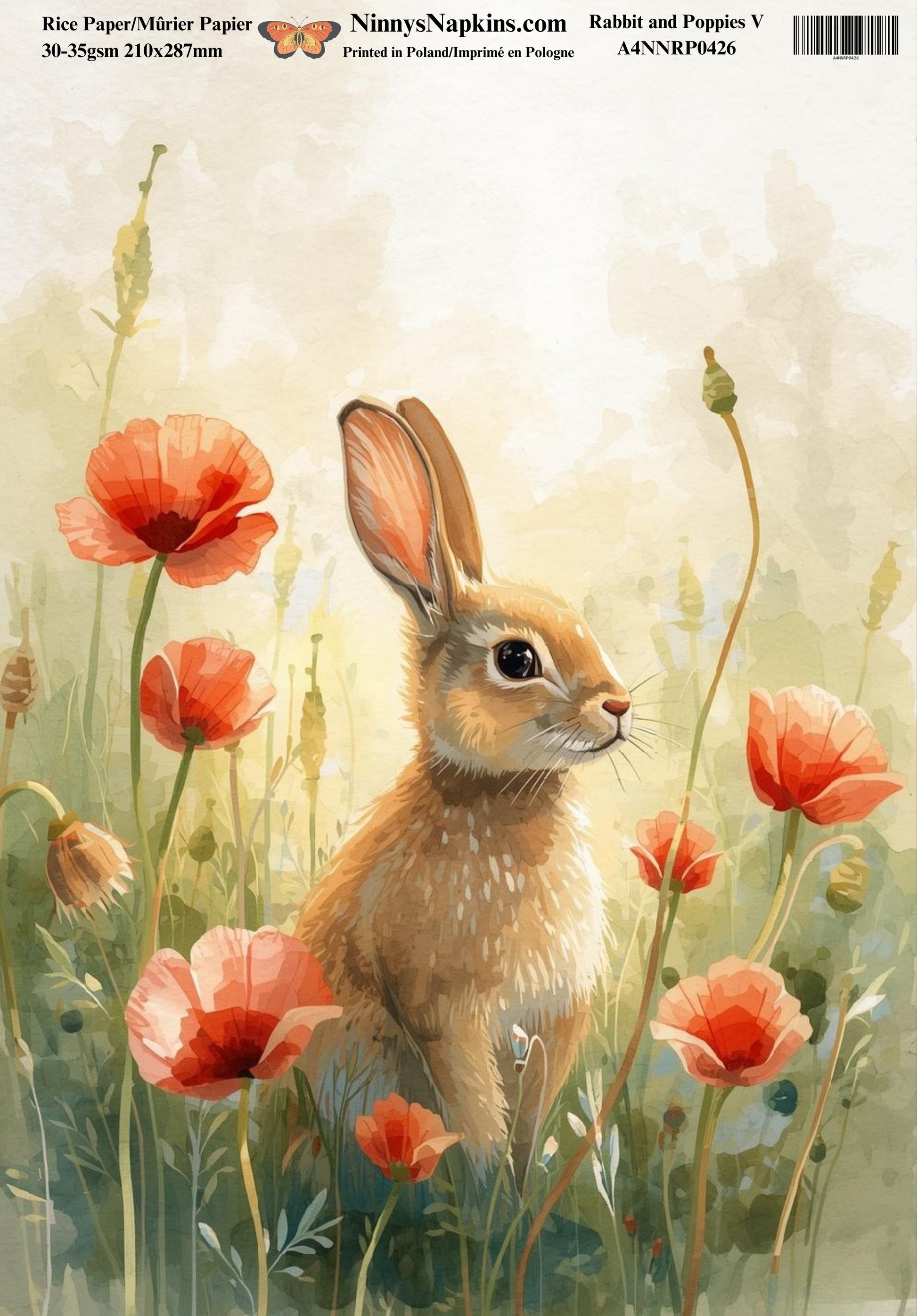 Decoupage Rice Paper - Rabbit and Poppies V