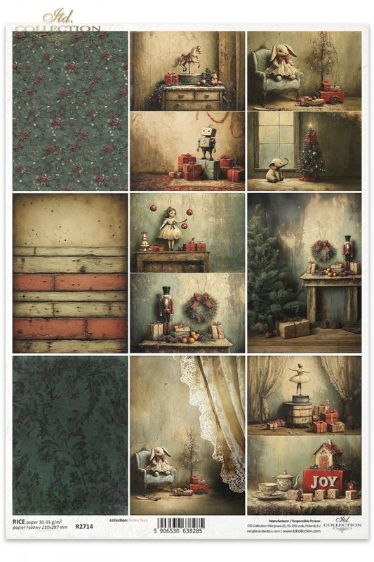 Decoupage Rice Paper - Retro Christmas ToysA4