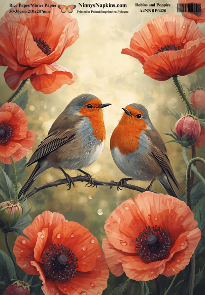 Decoupage Rice Paper - Robins and Poppies