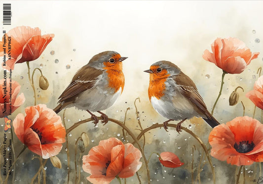 Decoupage Rice Paper - Robins and Poppies II