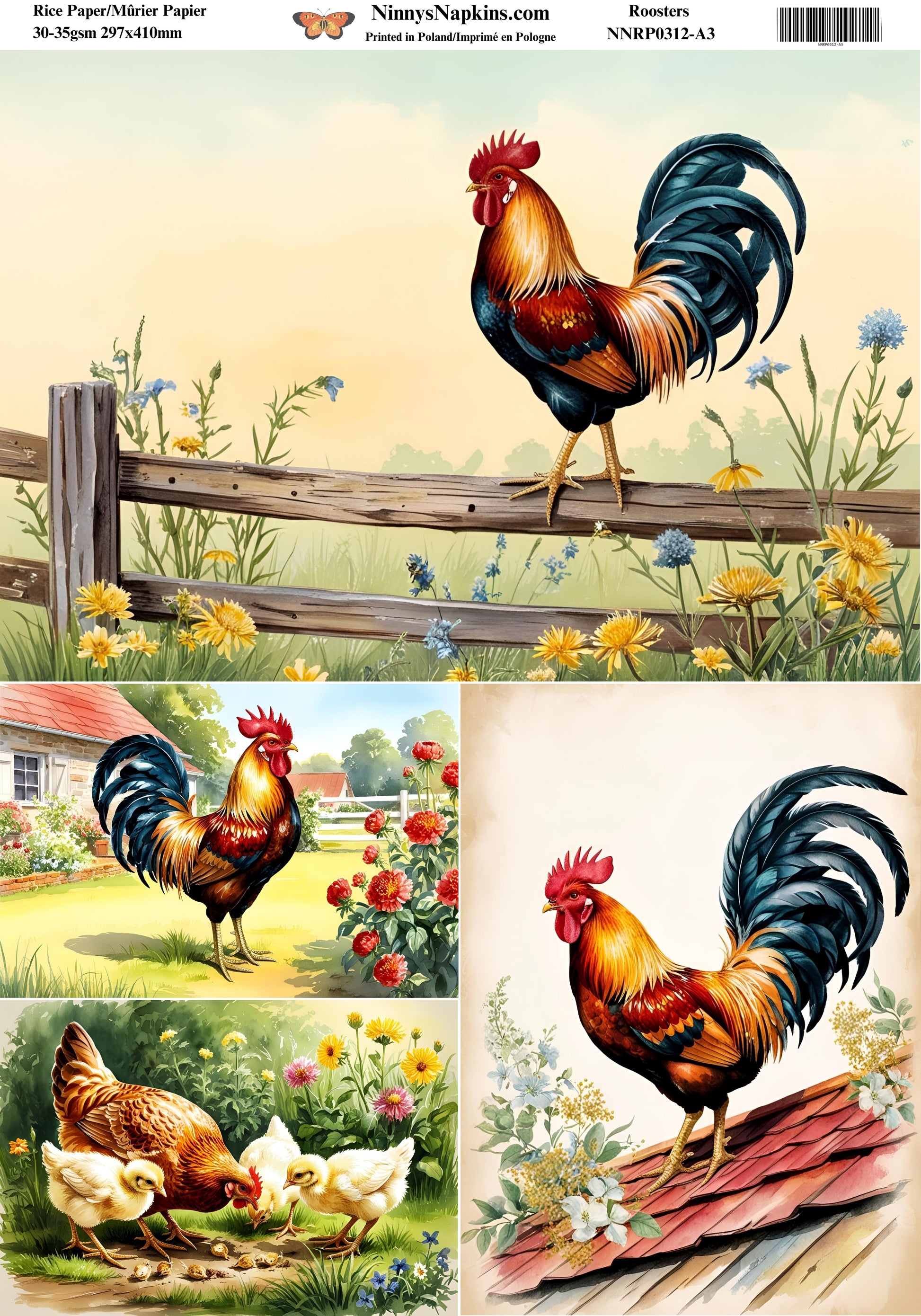 Decoupage Rice Paper - Roosters