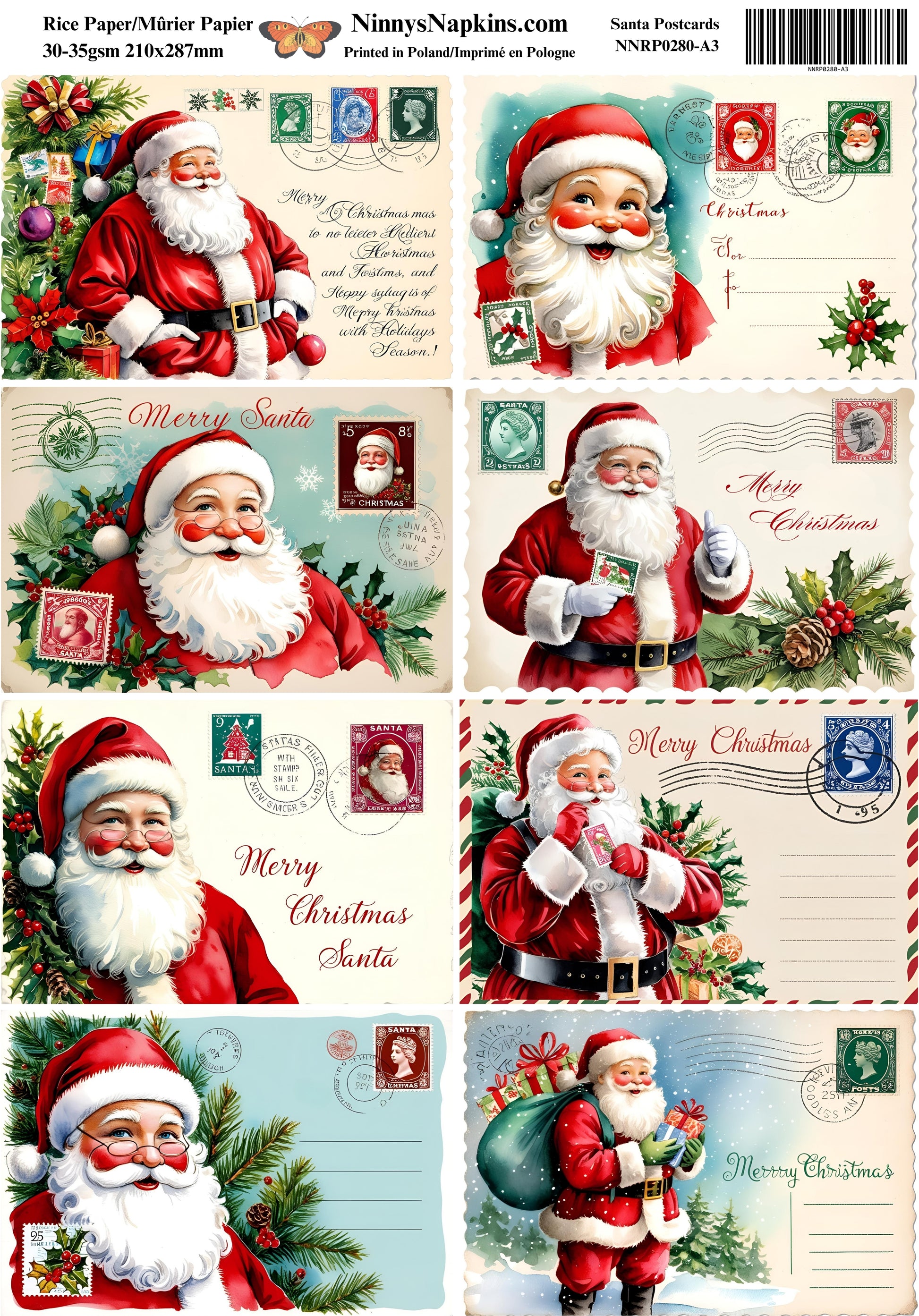 Decoupage Rice Paper - Santa Postcards