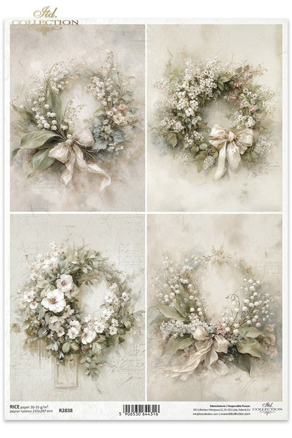 Decoupage Rice Paper - Soft Floral Wreaths