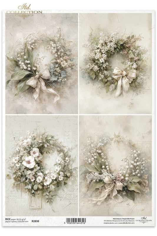 Decoupage Rice Paper - Soft Floral Wreaths