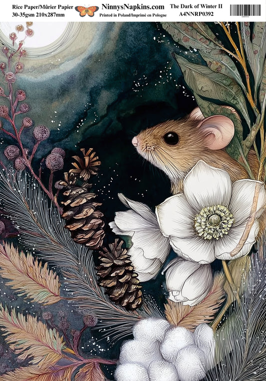Illustration of a mouse among flowers, pinecones, and feathers with a dark background.
