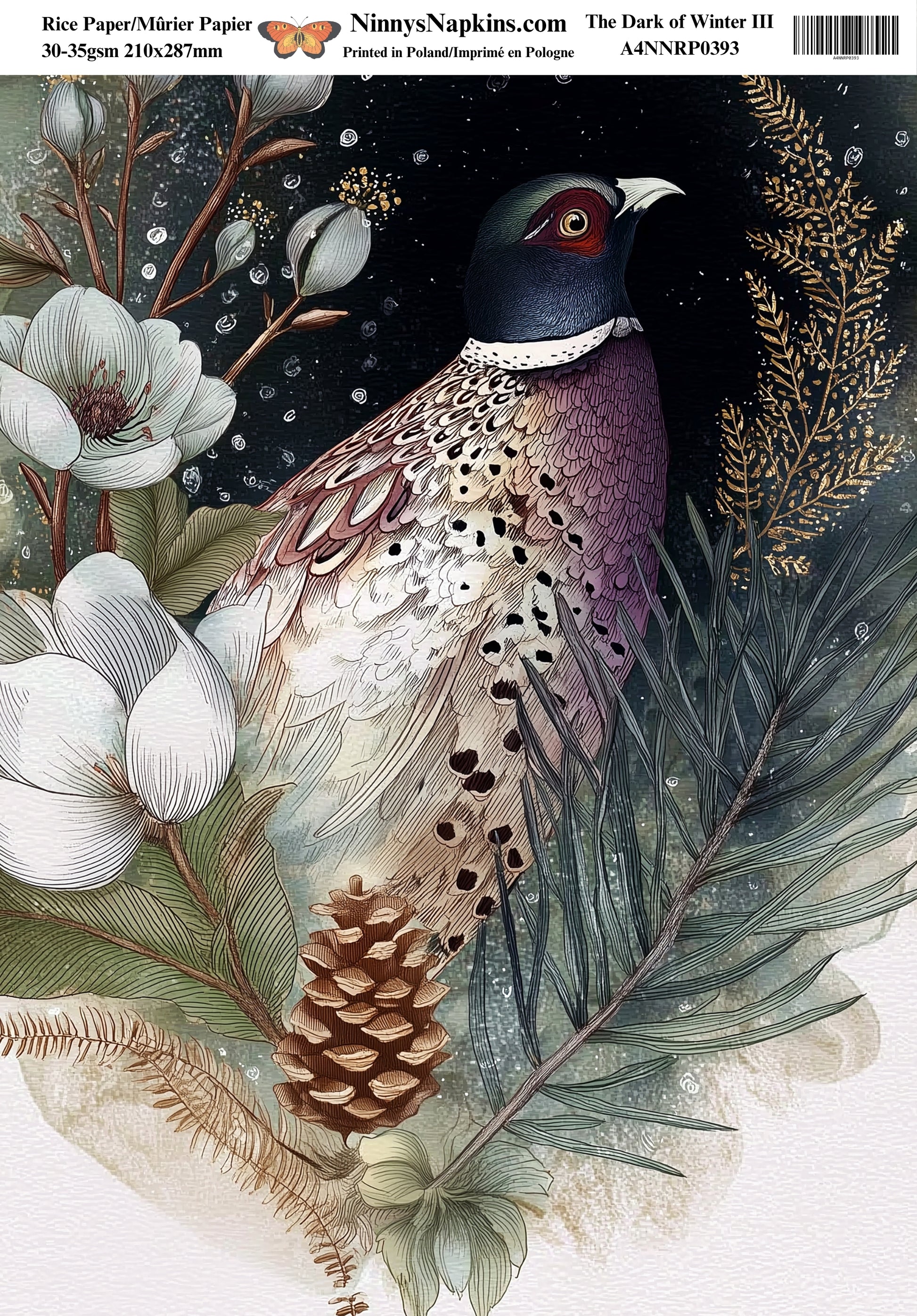 Illustration of a pheasant surrounded by flowers and foliage on a dark background