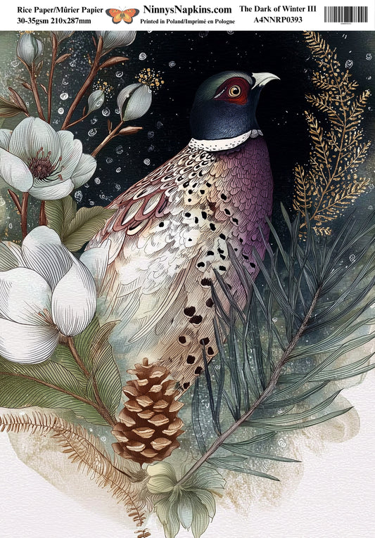 Illustration of a pheasant surrounded by flowers and foliage on a dark background