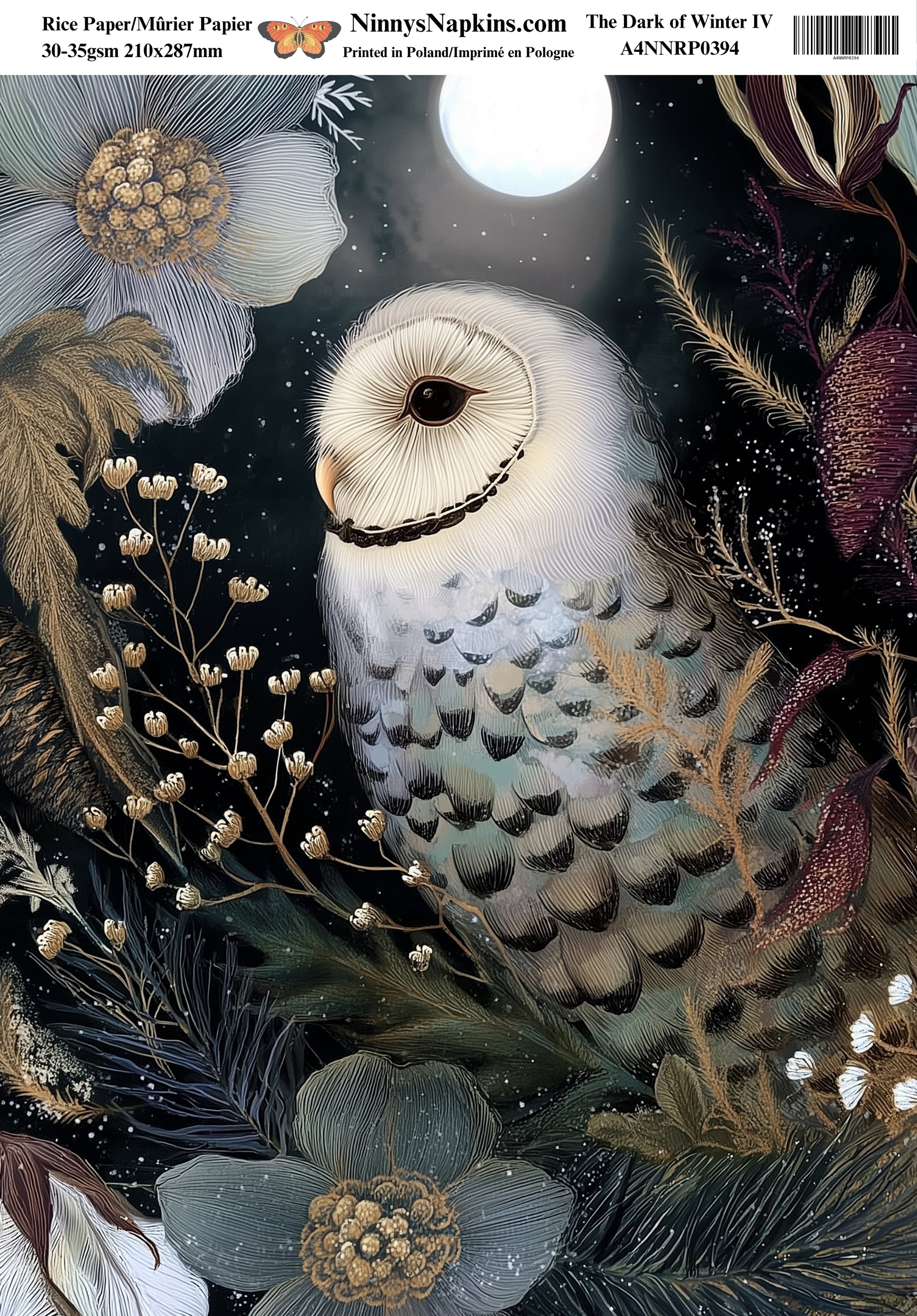 Decorative paper with an owl and nature elements, featuring NinnysNapkins.com branding.