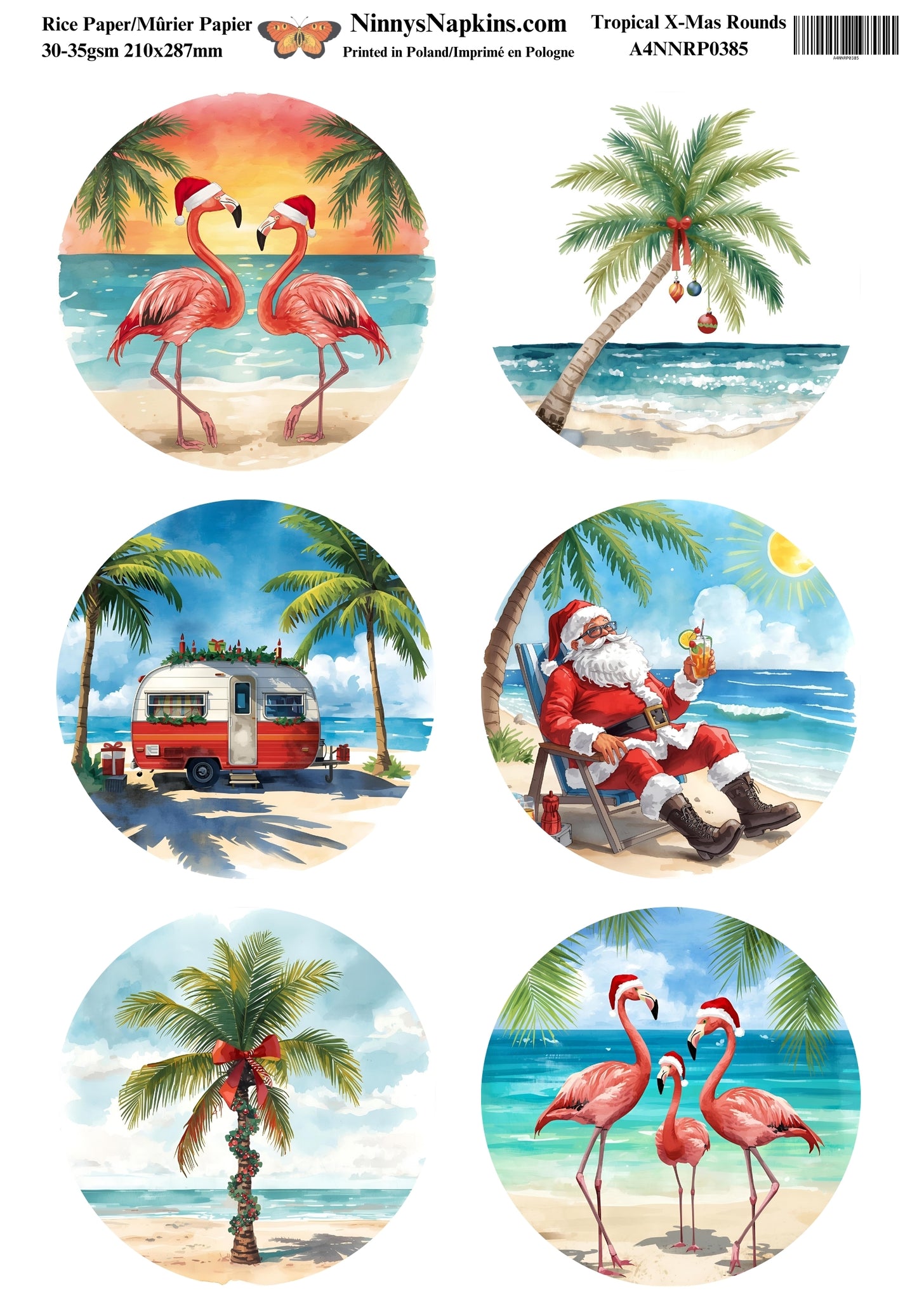 Decoupage Rice Paper - Tropical Christmas Rounds