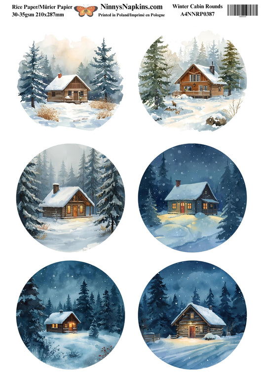 Decoupage Rice Paper - Winter Cabin Rounds