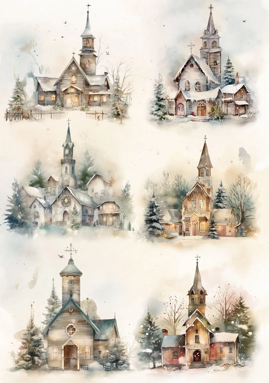 Decoupage Rice Paper A4 - Winter Churches