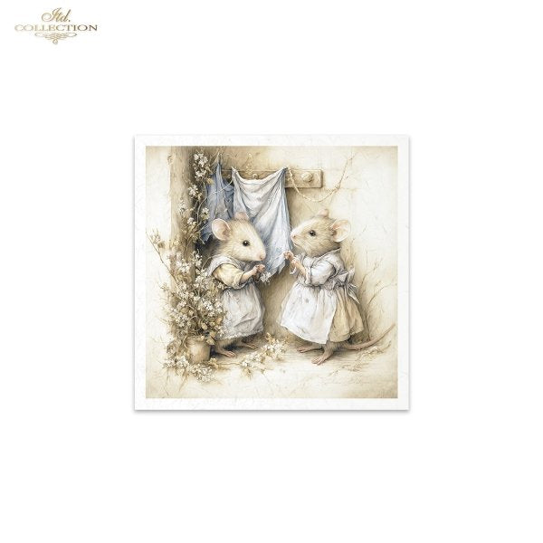 Illustration of two mice in a vintage setting with flowers and a dress.