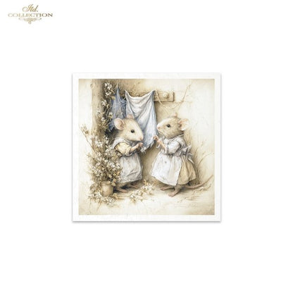 Illustration of two mice in a vintage setting with flowers and a dress.