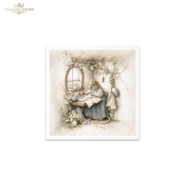 Illustration of two mice in a cozy room with a window, surrounded by flowers and decorative elements.