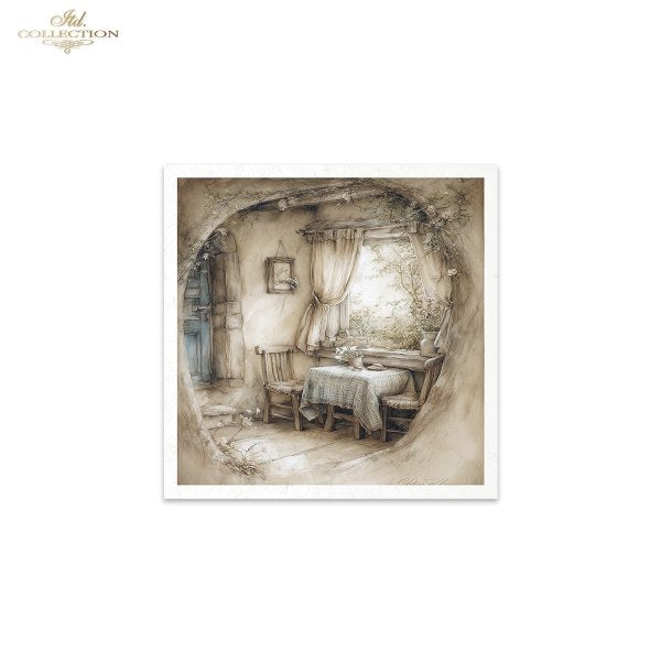 Sepia-toned interior scene with a table and chairs, framed artwork.