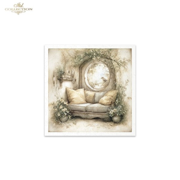 Decorative print of a vintage-style room with a sofa and floral arrangements