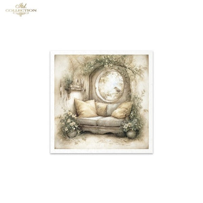 Decorative print of a vintage-style room with a sofa and floral arrangements